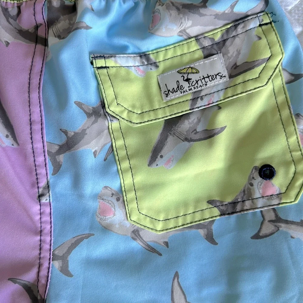 Shade Critters Palm Beach Boys Shark Swim Trunks - Blue / Lilac / Chartruese 8 - Picture 3 of 7